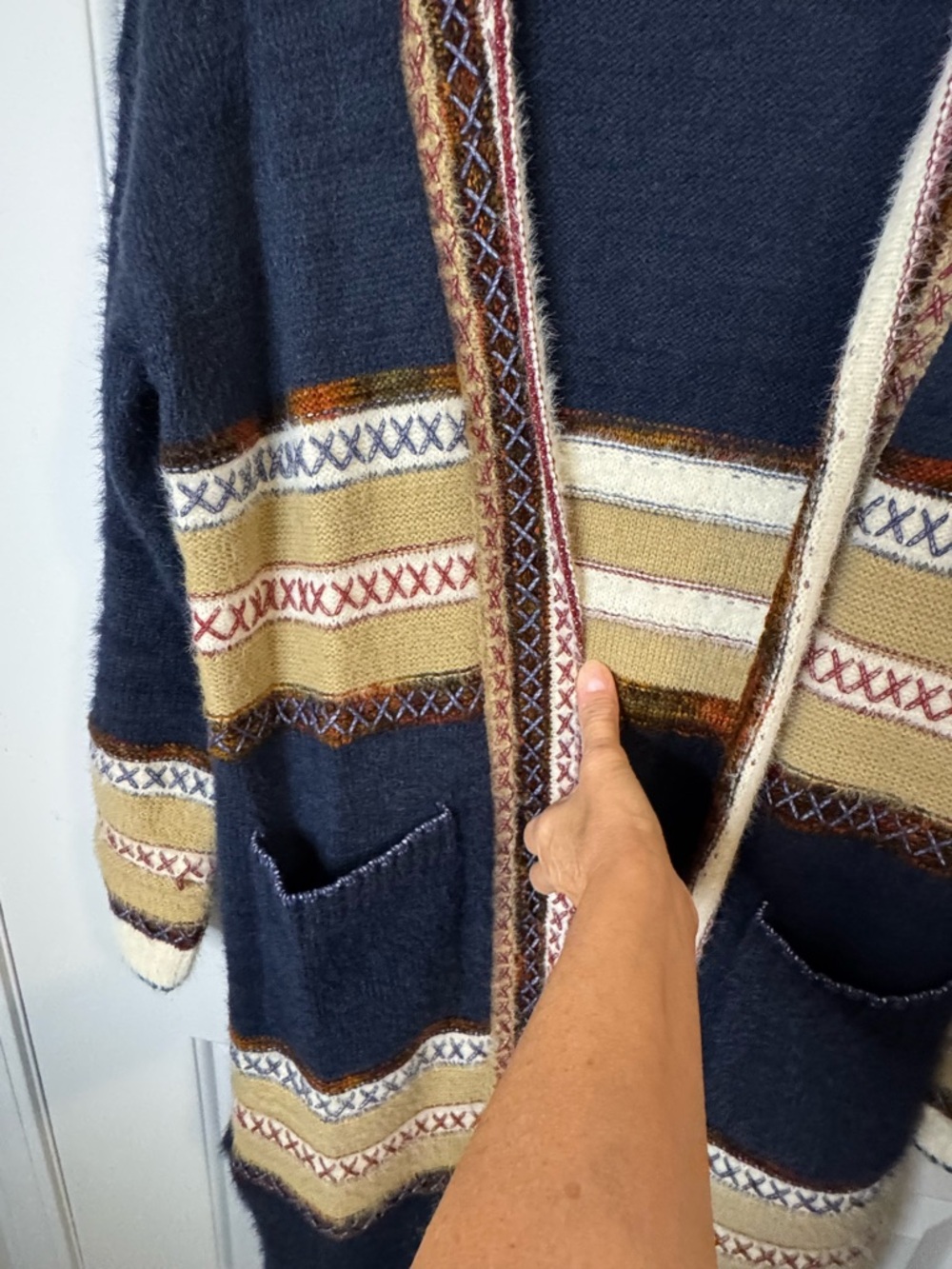 Janice Apparel Southwestern Boho Navy Longline Open Front Cardigan Sweater - Picture 4 of 5
